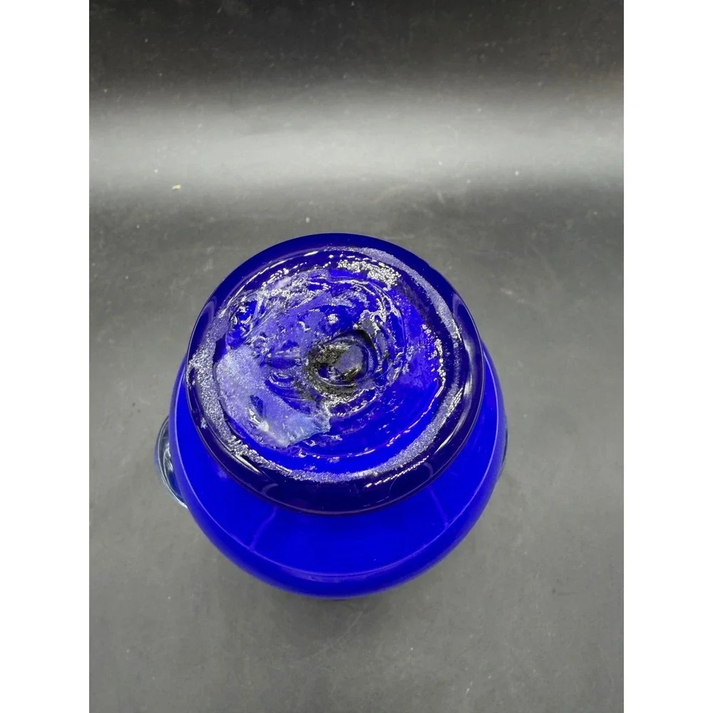 Vintage Cobalt Blue Art Glass Vase Ruffled Rim White‎ Opalescent Applied Handles